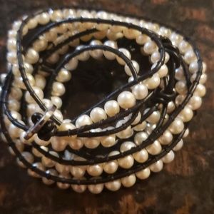 Victoria Emerson white pearl on black leather wrap